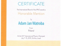 Adam Wątroba otrzymał wyróżnienie na Międzynarodowej Olimpiadzie Fizycznej  - 1